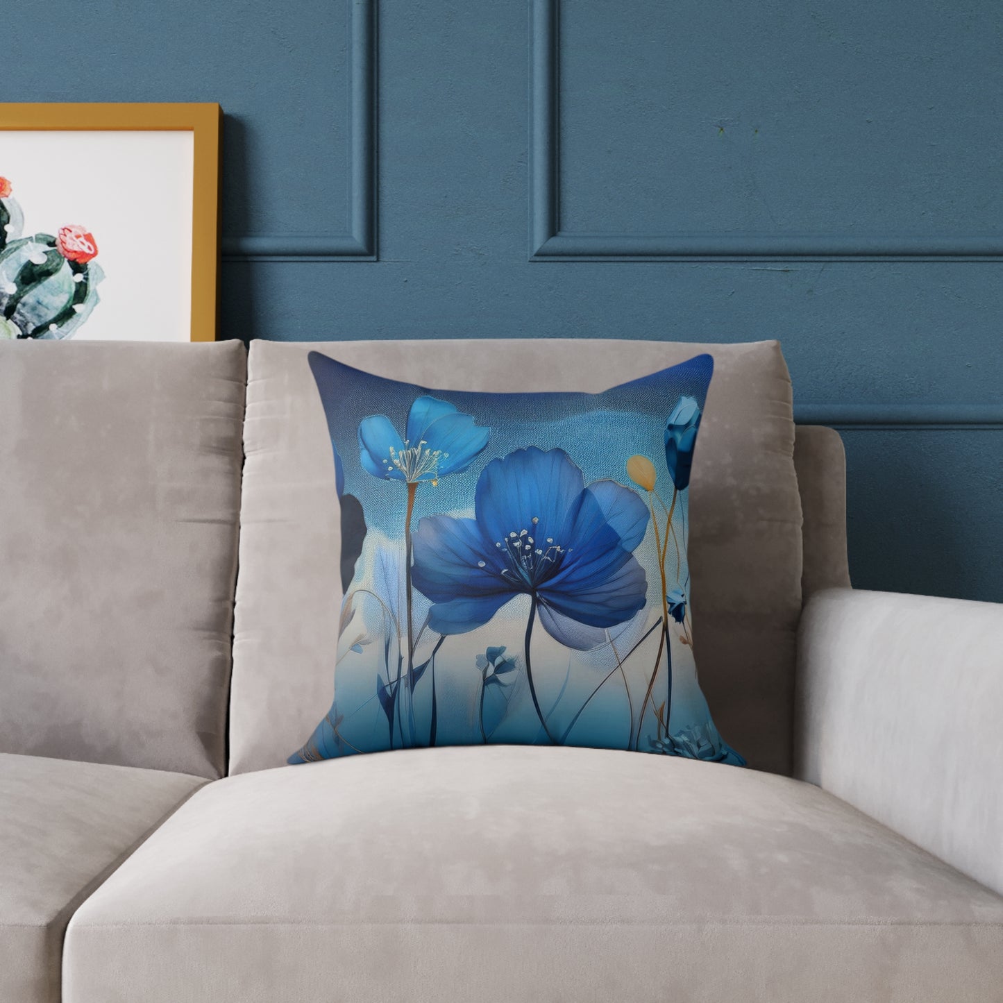 Floral Blue Square Poly Canvas Pillow