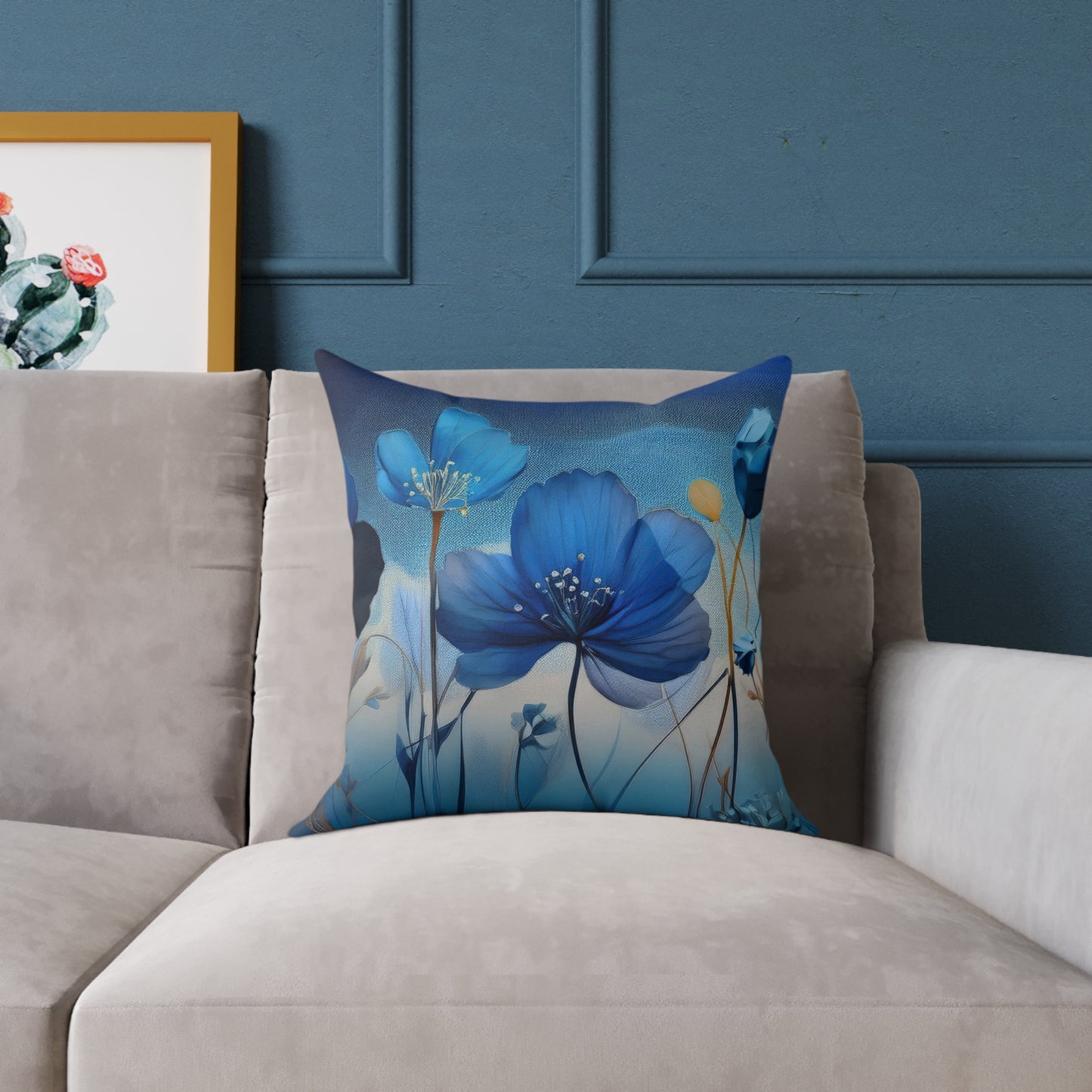 Floral Blue Square Poly Canvas Pillow